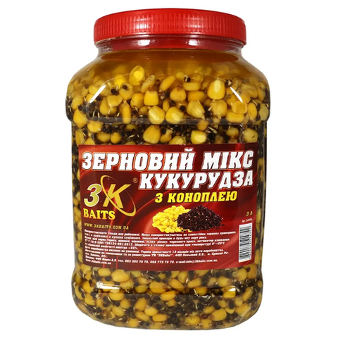 Прикорм 3-K Baits зерновий Мікс Кукурудза(з коноплею) банка 3л