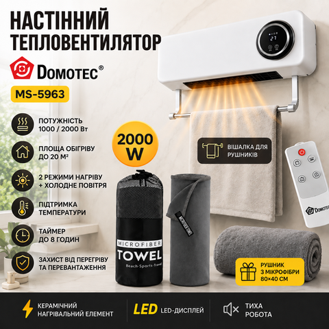 Настінний тепловентилятор DOMOTEC 2000W + рушник з мікрофібри 80×40 см
