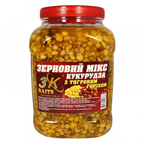 Прикорм 3-K Baits зерновий Мікс Кукурудза(з тигровим горіхом) банка 3л